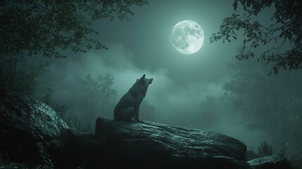 Poster - A poignant image of a wolf seated on rocks, howling beneath a full moon in a foggy forest, representing solitude and the raw beauty of the untamed wilderness.