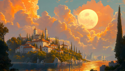 Wall Mural - A picturesque scene of a town nestled on a hill overlooking a body of water, with a large, bright moon in the sky.