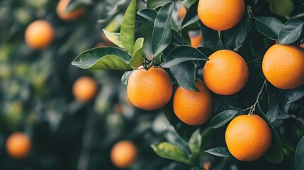 Closeup of Ripe Oranges Growing on a Tree Branch