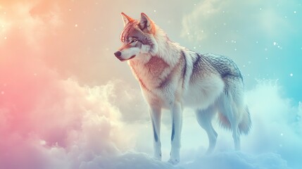 Wall Mural - A majestic wolf stands confidently amidst a soft, colorful background, embodying the spirit of the wild and freedom