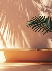 Wall Mural - Minimalist Wooden Platform With Palm Leaf Shadow