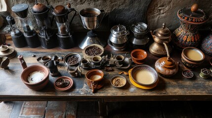 An array of traditional coffee-making methods from different cultures, set up side by side