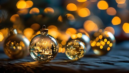 Wall Mural - Glistening Gold Christmas Night with Bright Bokeh Reflections in Glass