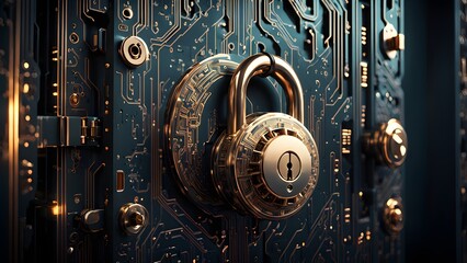 A close-up of a combination lock on a circuit board, representing data security and cyber protection.