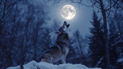 Sticker - Lone wolf howling at full moon in snowy forest, capturing the wild beauty and mystery of nature under the moonlight. 