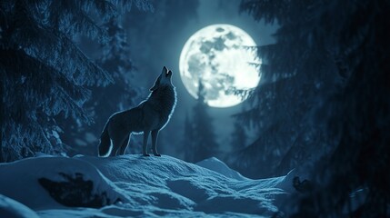 Wall Mural - Lone wolf howling at full moon in snowy forest, capturing the wild beauty and mystery of nature under the moonlight. 