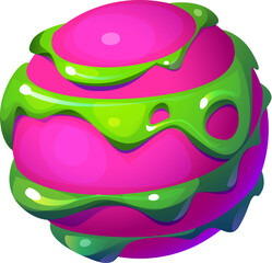 Poster - Cartoon fantasy galaxy alien space planet. Vector vibrant pink and green whimsical, otherworldly sci fi celestial sphere with liquid-like surface and toxic drips, floating against a starry backdrop