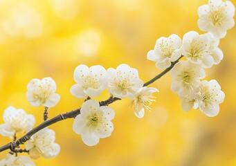 Wall Mural - White Plum Blossoms on Branch Against Yellow Background