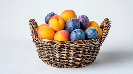 Poster - Fresh Ripe Apricots and Plums in a Basket isolated on White Background : Generative AI
