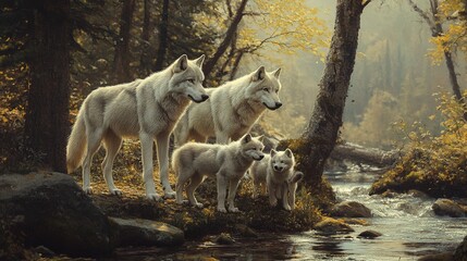 Canvas Print - A Family of Wolves by the Creek