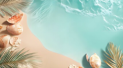 Wall Mural - Seashells and Palm Leaves on a Sandy Beach with Ocean Water