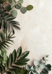 Wall Mural - Green Leaves Border on Beige Background