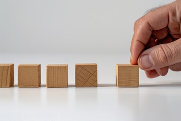 Wall Mural - Hand arranging wooden blocks in a row on white background, business growth concept