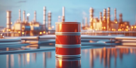 A 3D icon of a fuel barrel with pipelines and refinery towers in the background, symbolizing crude oil extraction and refining