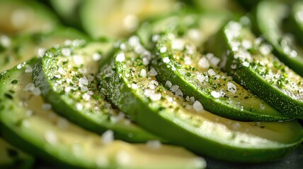 Freshly sliced avocado topped with a sprinkle of sea salt, highlighting vibrant green colors and a creamy texture.