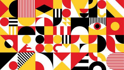 Poster - Black, red, yellow and white abstract modern geometric pattern, vector background. Color shapes and mosaic pattern tile with simple geometric figures of triangle and circle elements for background