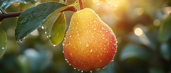 Wall Mural - Ripe pear with dew drops hanging from a tree branch in a sunny orchard.