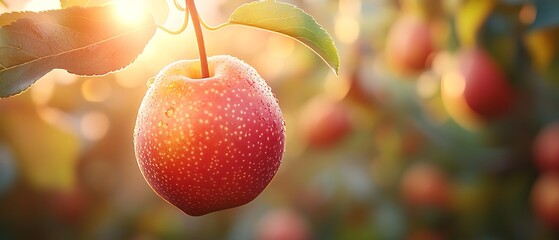 Wall Mural - Ripe red pear hanging on a branch with blurry background of other pears and leaves, sun shining through.