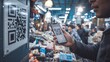 © LPhotoworks - A person uses their phone to scan a QR code for a cryptocurrency transaction in a vibrant market, blending traditional shopping with cutting-edge digital payment technology.