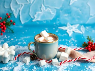 Cool icy blue background with a winter holiday-themed hot cocoa and marshmallows