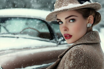 Elegant woman in beige winter ensemble beside classic car