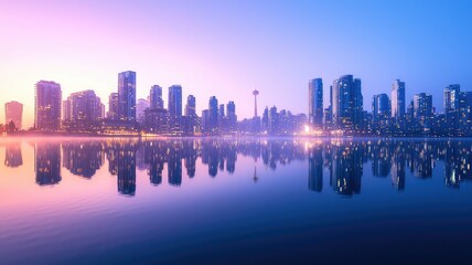 Wall Mural - Stunning city skyline at sunset, mirrored in calm water, showcasing modern architecture and vibrant colors in a tranquil atmosphere.