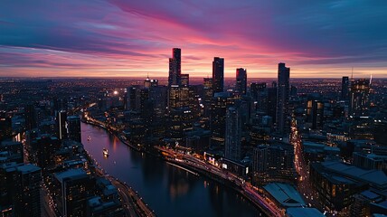 Wall Mural - Stunning city skyline at sunset with vibrant clouds reflected in the water, capturing the beauty of urban life and architecture.