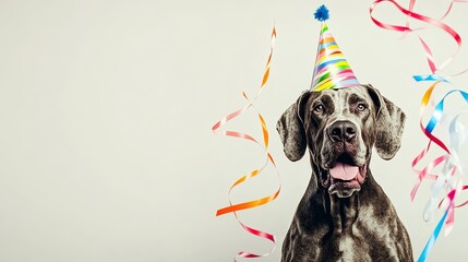 Great Dane dog wearing a colorful birthday hat, surrounded by floating ribbons in a festive celebration. Minimalist background emphasizes the playful and joyful atmosphere