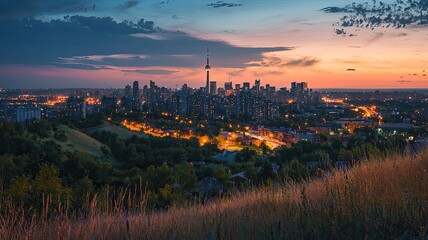 Wall Mural - Stunning urban skyline at sunset, showcasing city lights and the iconic tower against a colorful sky.