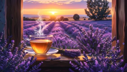 Wall Mural - Serene morning tea ritual on a windowsill adorned with lavender blooms, capturing a dreamy anime Lofi vibe at sunrise