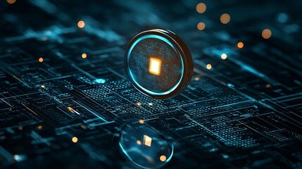 Poster - A 3D search engine icon glowing in a dark digital environment, symbolizing the illumination of information