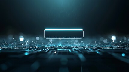 Poster - a 3d search bar floating above a digital landscape, casting a light that reveals hidden paths, symbo