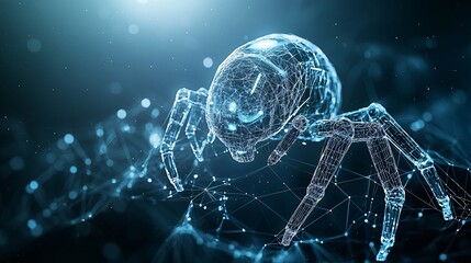 Poster - a 3d digital spider web with a search engine robot navigating it, symbolizing the web-crawling funct