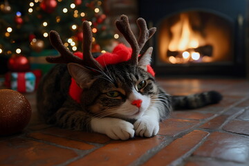 Grumpy tabby cat wearing reindeer antlers by Christmas tree and fireplace, holiday pet humor and festive home decor concepts