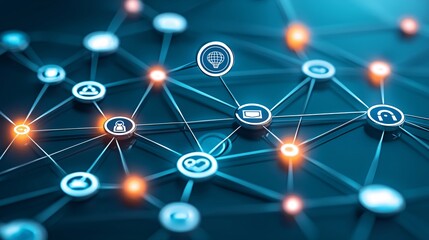 Poster - a 3d network of search engine icons connected by glowing threads, symbolizing the interconnectedness