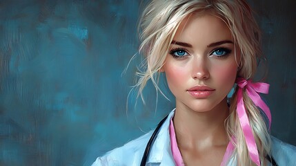 A young blonde woman with blue eyes and a pink ribbon in her hair wears a white coat and a stethoscope.