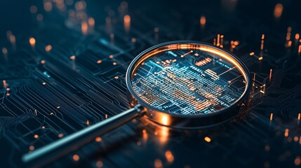 Poster - a 3d magnifying glass shining light on a digital map, revealing pathways of information, symbolizing