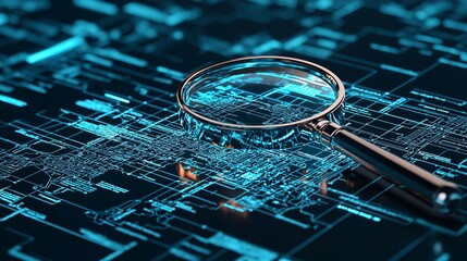 Poster - a 3d magnifying glass shining light on a digital map, revealing pathways of information, symbolizing