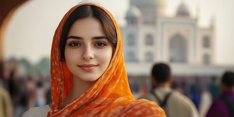 A young woman with a joyful smile wears a vibrant orange scarf against the backdrop of the Taj Mahal. The image captures cultural beauty and travel inspiration. Stunning landscape. AI