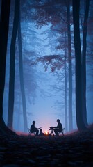 Two silhouettes sit by a glowing campfire in a serene forest at dusk, surrounded by tall trees and a misty atmosphere.