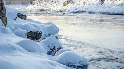 Wall Mural - A frozen riverbank in Oymyakon, with snow-covered rocks and icy water.