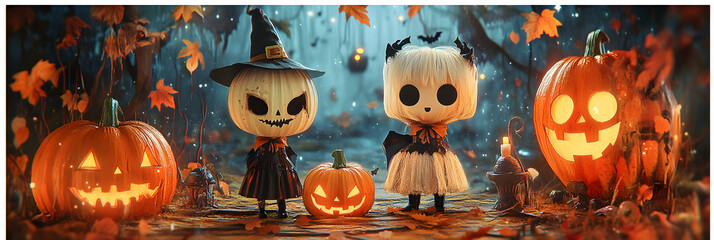 Canvas Print - halloween background set with 3d characteres