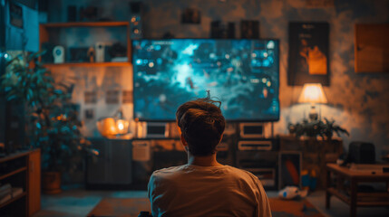 person sitting on a couch, playing a video game on a large tv screen in a cozy, warmly lit living ro