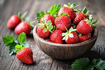 Fresh Ripe Strawberries in Wooden Bowl on Rustic Table