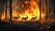 © Kitta - A dramatic scene of deer fleeing from a raging wildfire in a dense forest, capturing a moment of natural crisis and urgency.
