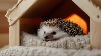 A hedgehog nestled in a cozy corner with soft bedding and a small, comfortable house.