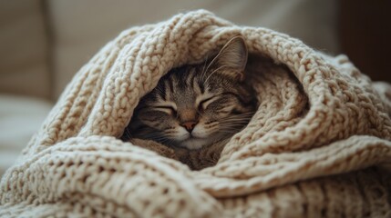 Cat in a cozy blanket, wrapped up snugly with just its head peeking out, eyes half-closed, relaxed and content