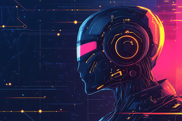 Poster - Futuristic robotic head with neon accents and digital elements.