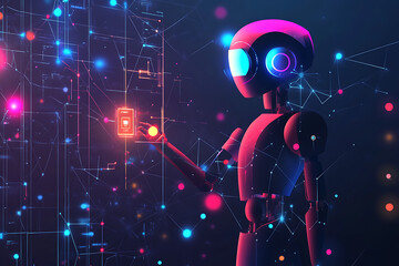 Poster - A futuristic robot interacting with digital elements and data visualizations.