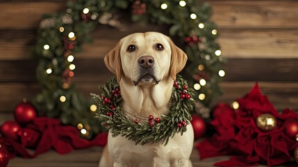 Labrador Retriever dog adorned with a festive wreath and surrounded by holiday decorations, set against a minimalist background. The image captures the joyful spirit of the holidays